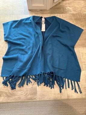 Chico's Teal Blue Fringe Open-Front Poncho Shrug